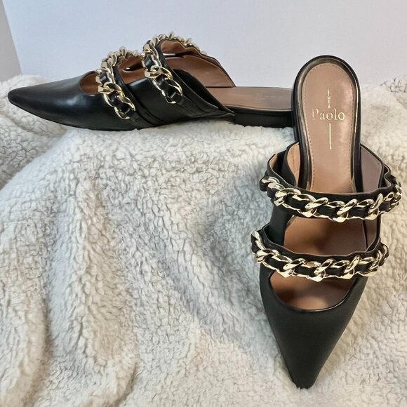 Linea Paolo Aurel Mules | Black Pointed Toe Flats w/ Double Chain | Size 8.5 - Picture 6 of 16